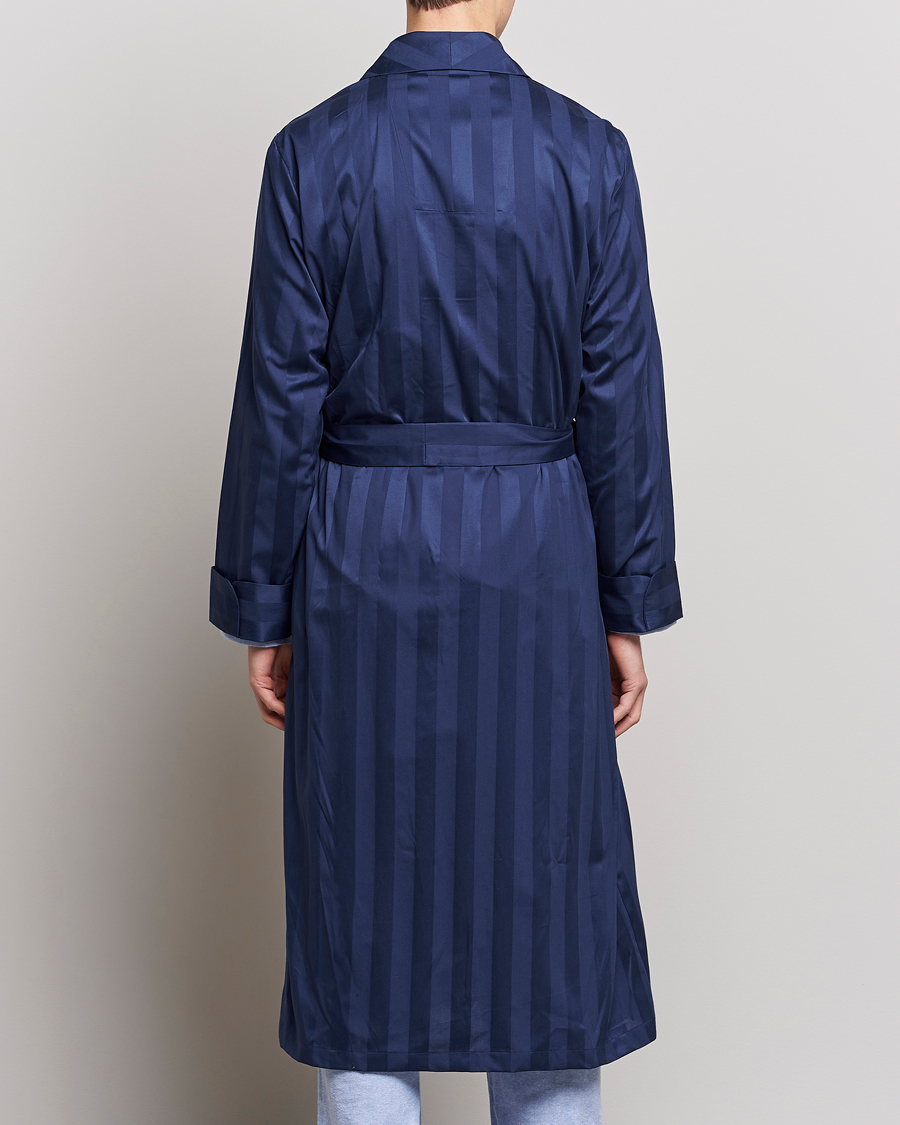 Herr | Pyjamas & Morgonrockar | Derek Rose | Striped Cotton Satin Dressing Gown Navy/Navy