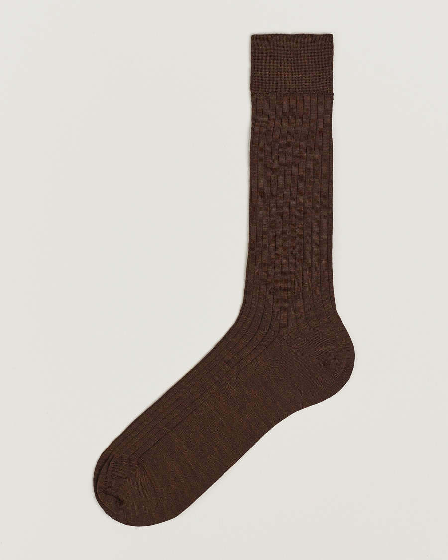 Herr | Strumpor | Bresciani | Wool/Nylon Ribbed Short Socks Brown Melange