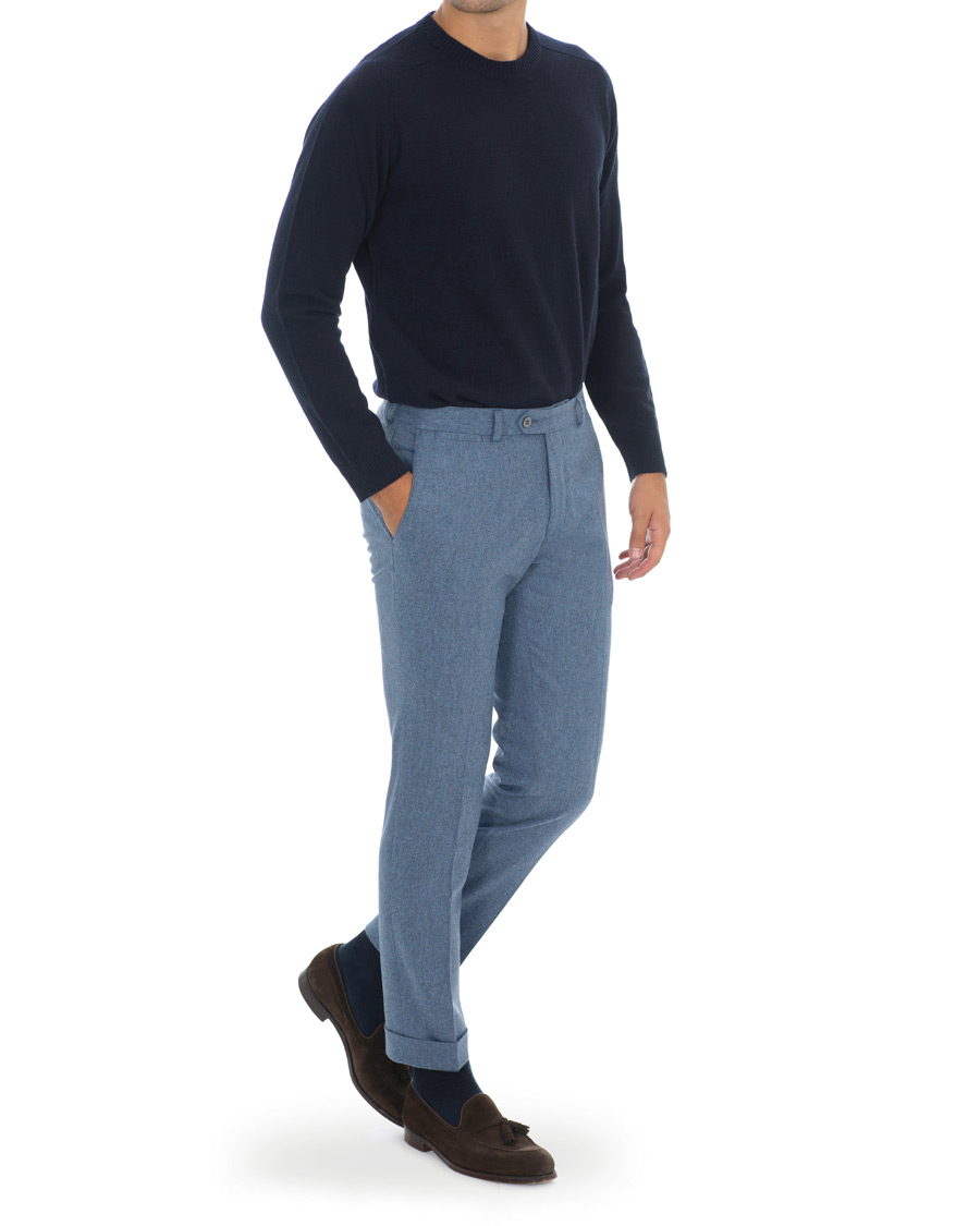 Herr | Byxor | Oscar Jacobson | Dean Turn Up Flannel Trousers Light Blue