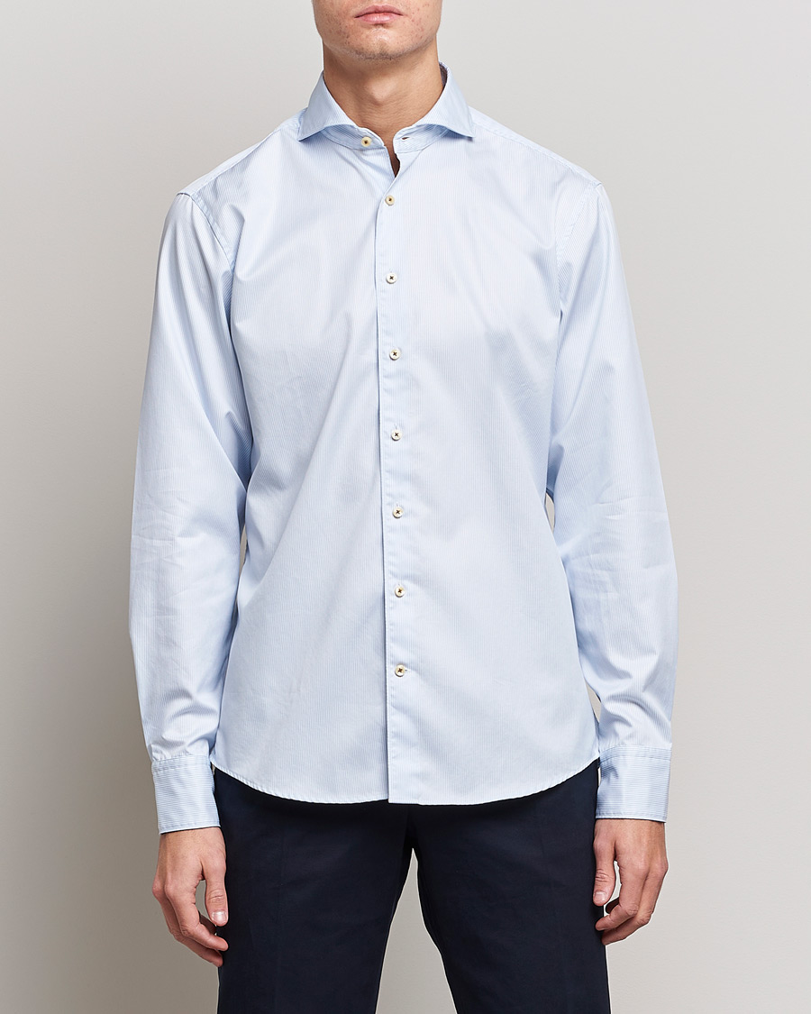 Herr | Business & Beyond | Stenströms | Fitted Body Pinstriped Casual Shirt Light Blue