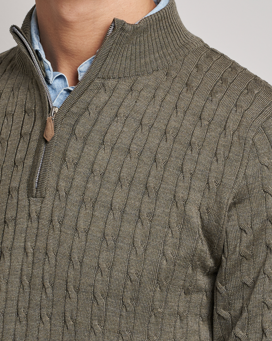Herr | Tröjor | Stenströms | Merino Wool Cable Half Zip Olive