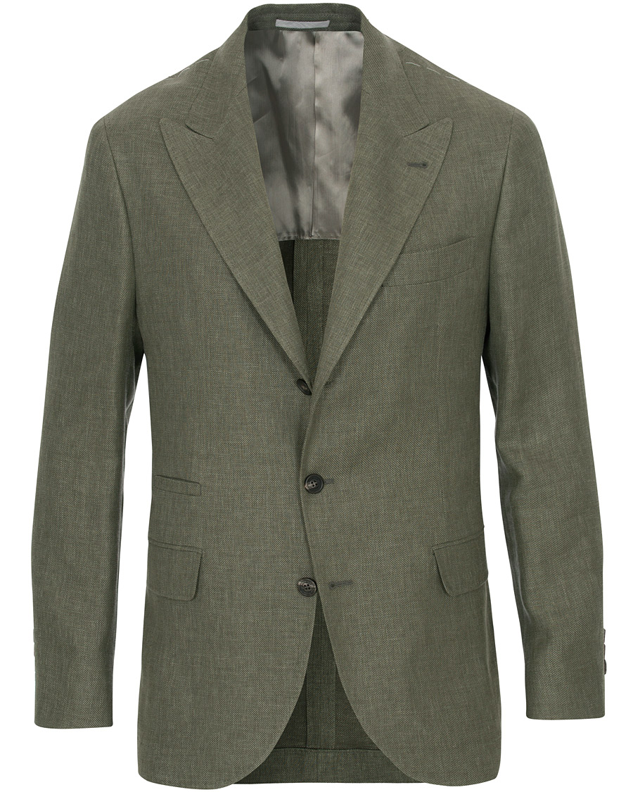 Herr | Kavajer | Brunello Cucinelli | Linen Hopsack Peak Lapel Blazer Olive Green