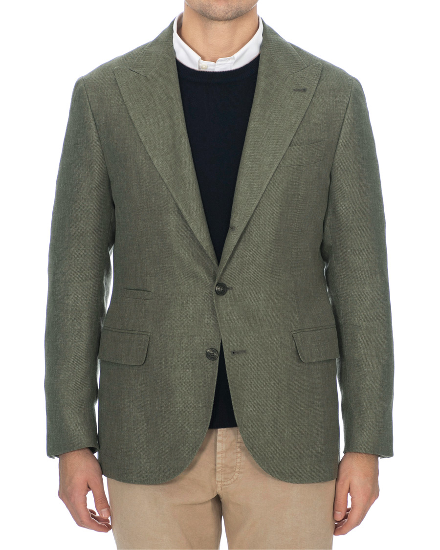 Herr | Kavajer | Brunello Cucinelli | Linen Hopsack Peak Lapel Blazer Olive Green