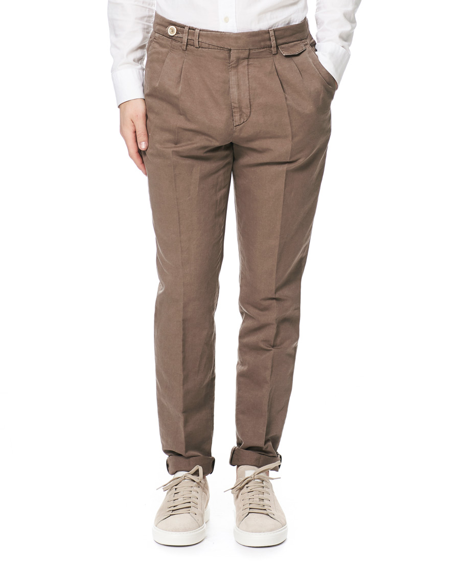 Herr | Byxor | Brunello Cucinelli | Slim Fit Cotton/linen Pleated Trousers Brown