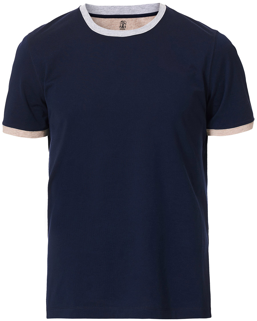 Herr | T-Shirts | Brunello Cucinelli | Contrast Collar Short Sleeve T-Shirt Navy/Grey