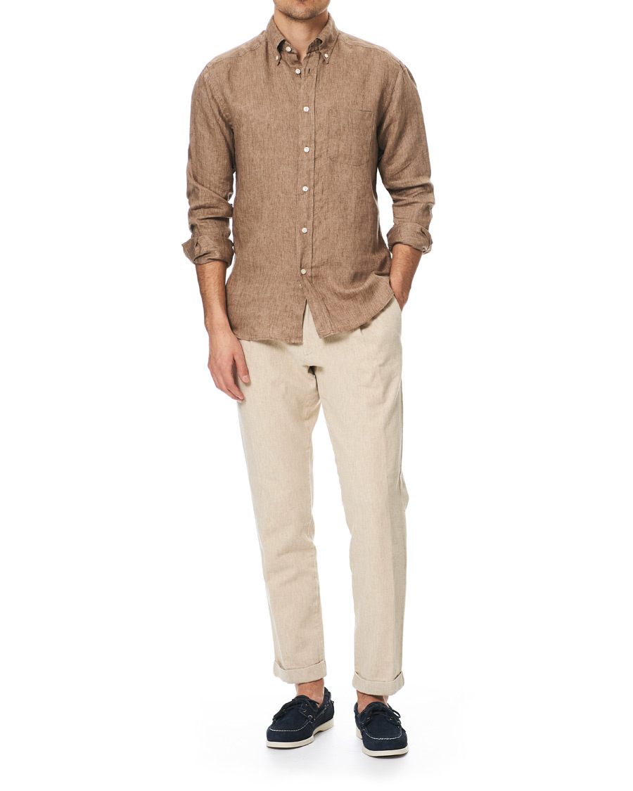 Herr | Skjortor | Eton | Slim Fit Linen Button Down Shirt Light Brown