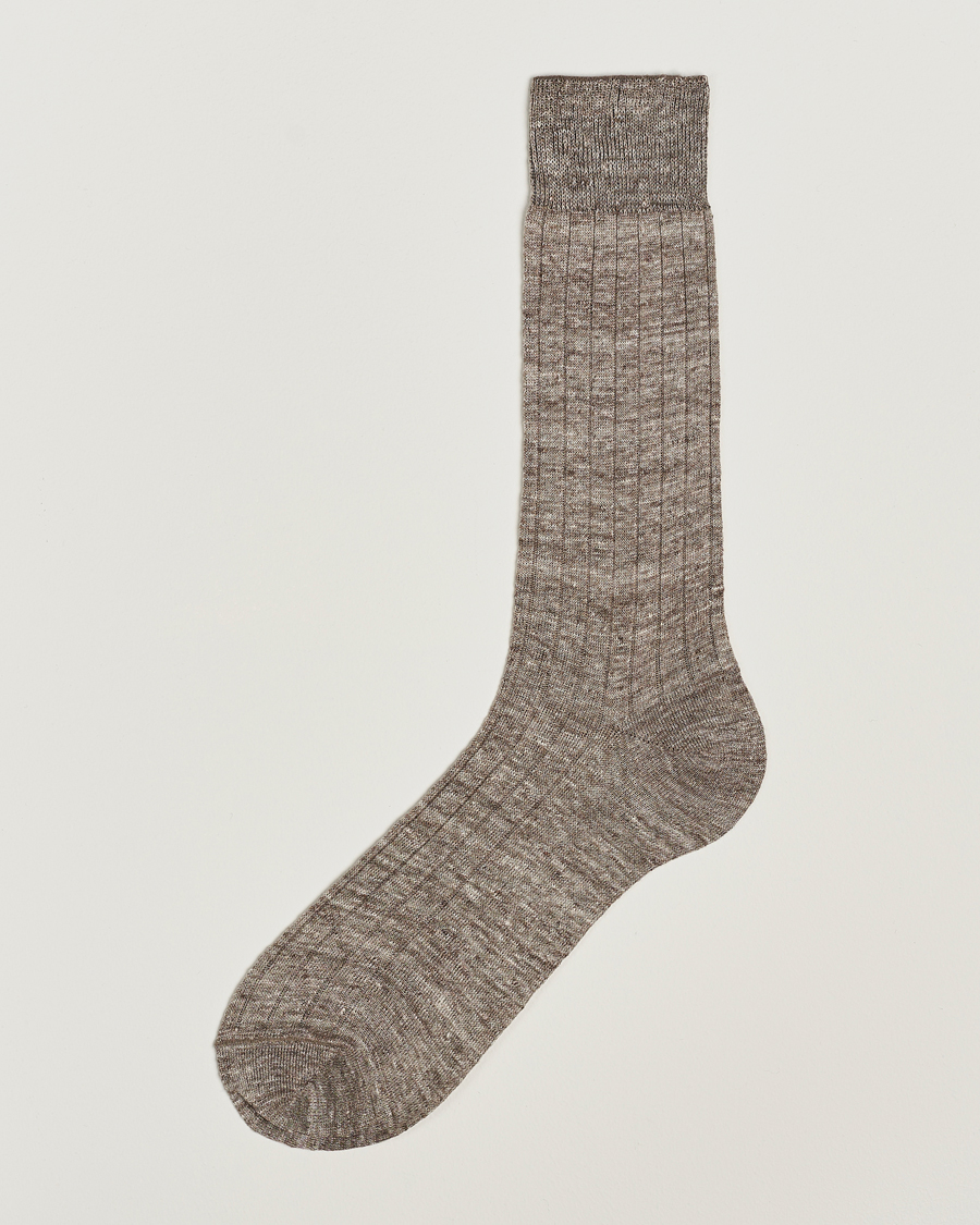 Herr | Underkläder | Bresciani | Linen Ribbed Short Socks Brown Melange