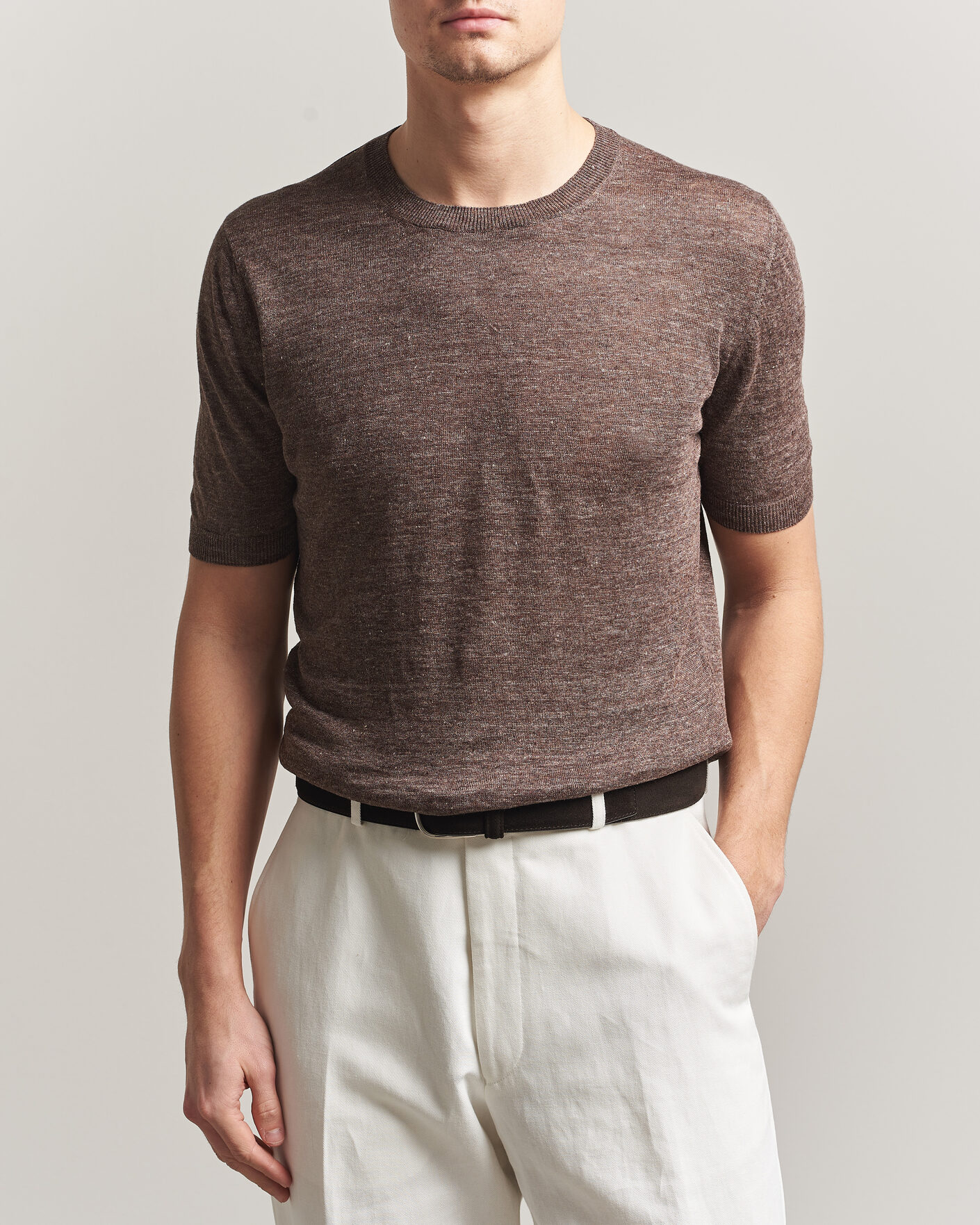 Herr | T-Shirts | Gran Sasso | Crew Neck Linen Tee Light Brown