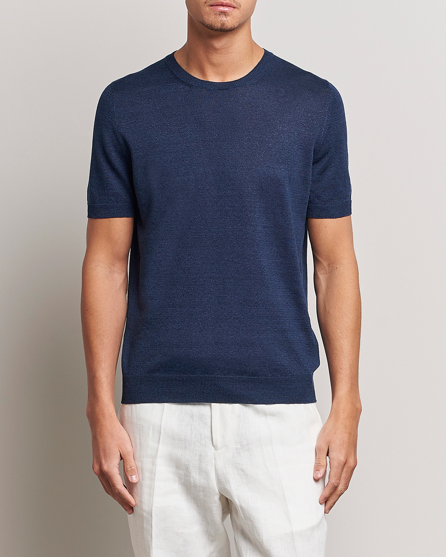 Herr | T-Shirts | Gran Sasso | Cotton/Linen Knitted Tee Navy