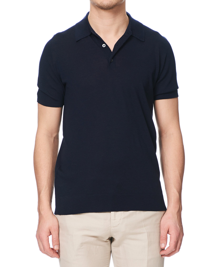 Herr | Pikéer | Johnstons of Elgin | Superfine Worsted Merino Short Sleeve Polo Dark Navy