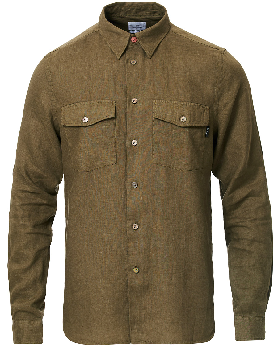 Herr | Skjortor | PS Paul Smith | Tailored Fit Pocket Linen Shirt Olive