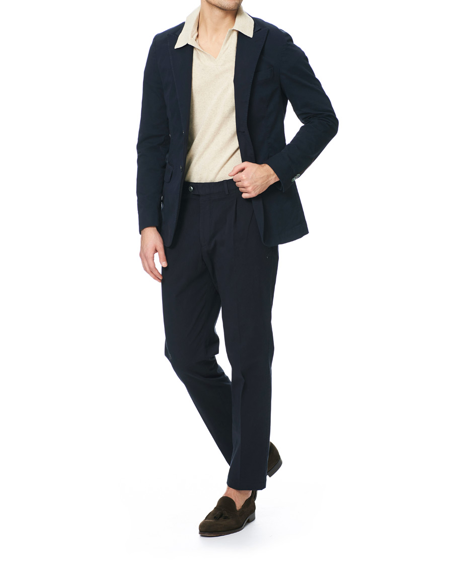 Herr | Byxor | Oscar Jacobson | Delon Pleated Cotton Chinos Blue