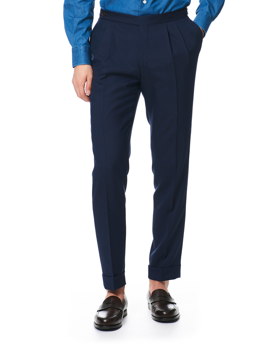 Herr | Byxor | Morris Heritage | Carl Double Pleated Wool Trousers Navy