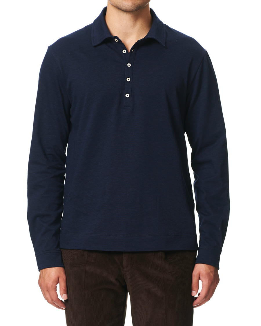 Herr |  | Massimo Alba | Ischia Cotton/Cashmere Long Sleeve Polo Blue Navy