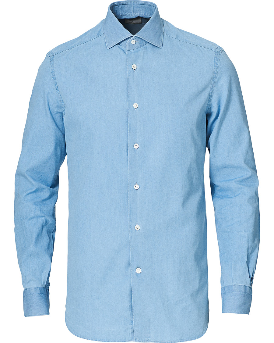 Herr | Skjortor | Mazzarelli | Soft Cut Away Denim Shirt Light Indigo