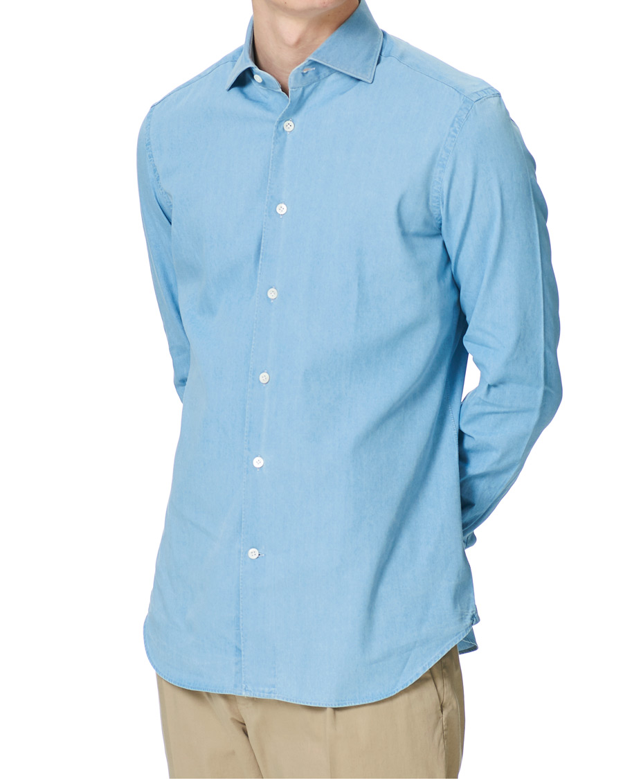 Herr | Skjortor | Mazzarelli | Soft Cut Away Denim Shirt Light Indigo
