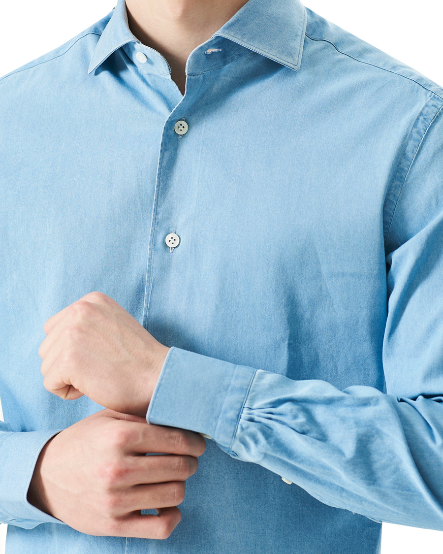 Herr | Skjortor | Mazzarelli | Soft Cut Away Denim Shirt Light Indigo