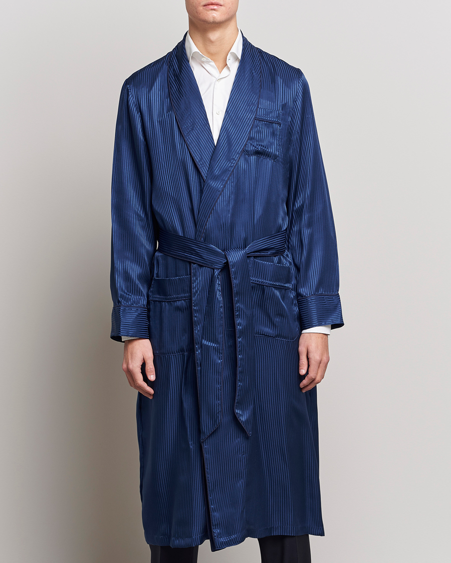 Herr | Derek Rose | Derek Rose | Pure Silk Striped Dressing Gown Navy