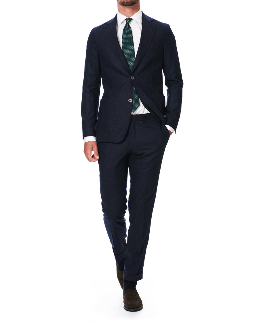 Herr | Byxor | Oscar Jacobson | Dean Turn Up Flannel Trousers Navy