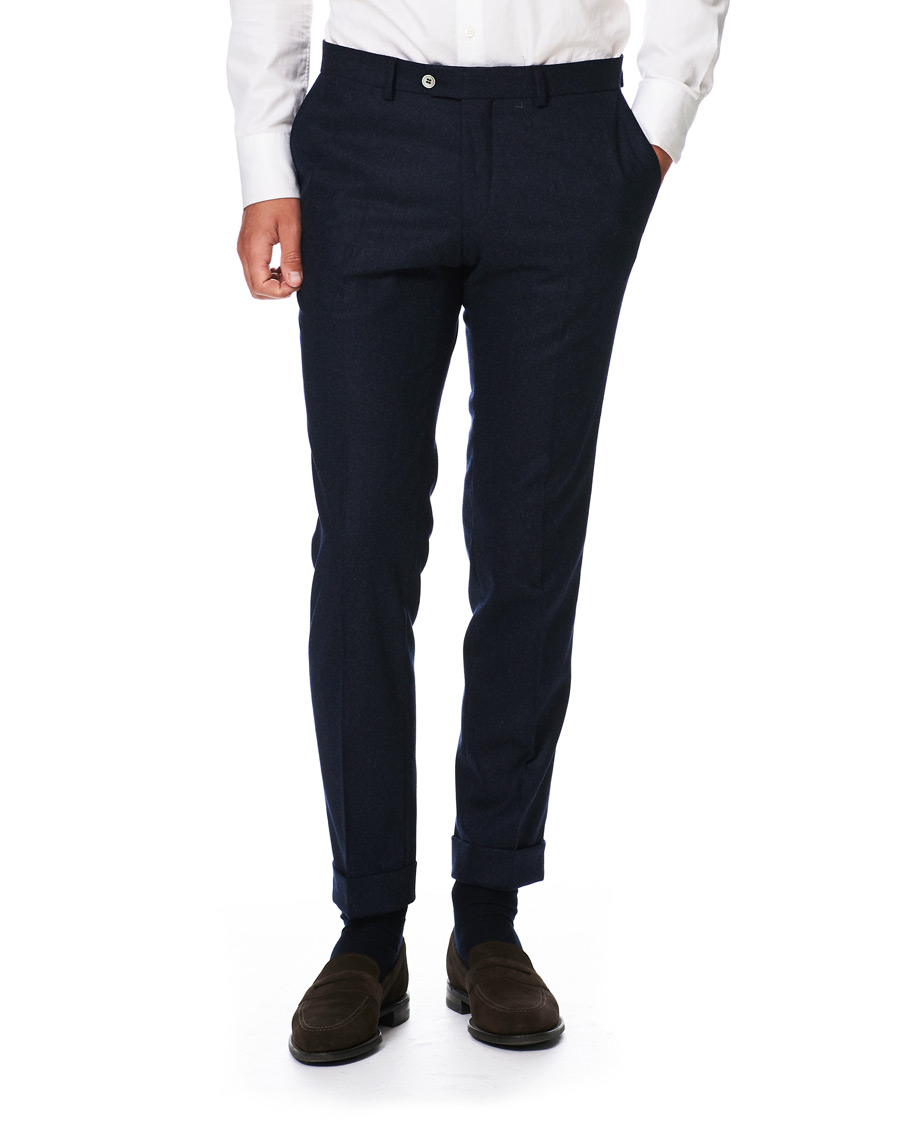 Herr | Byxor | Oscar Jacobson | Dean Turn Up Flannel Trousers Navy