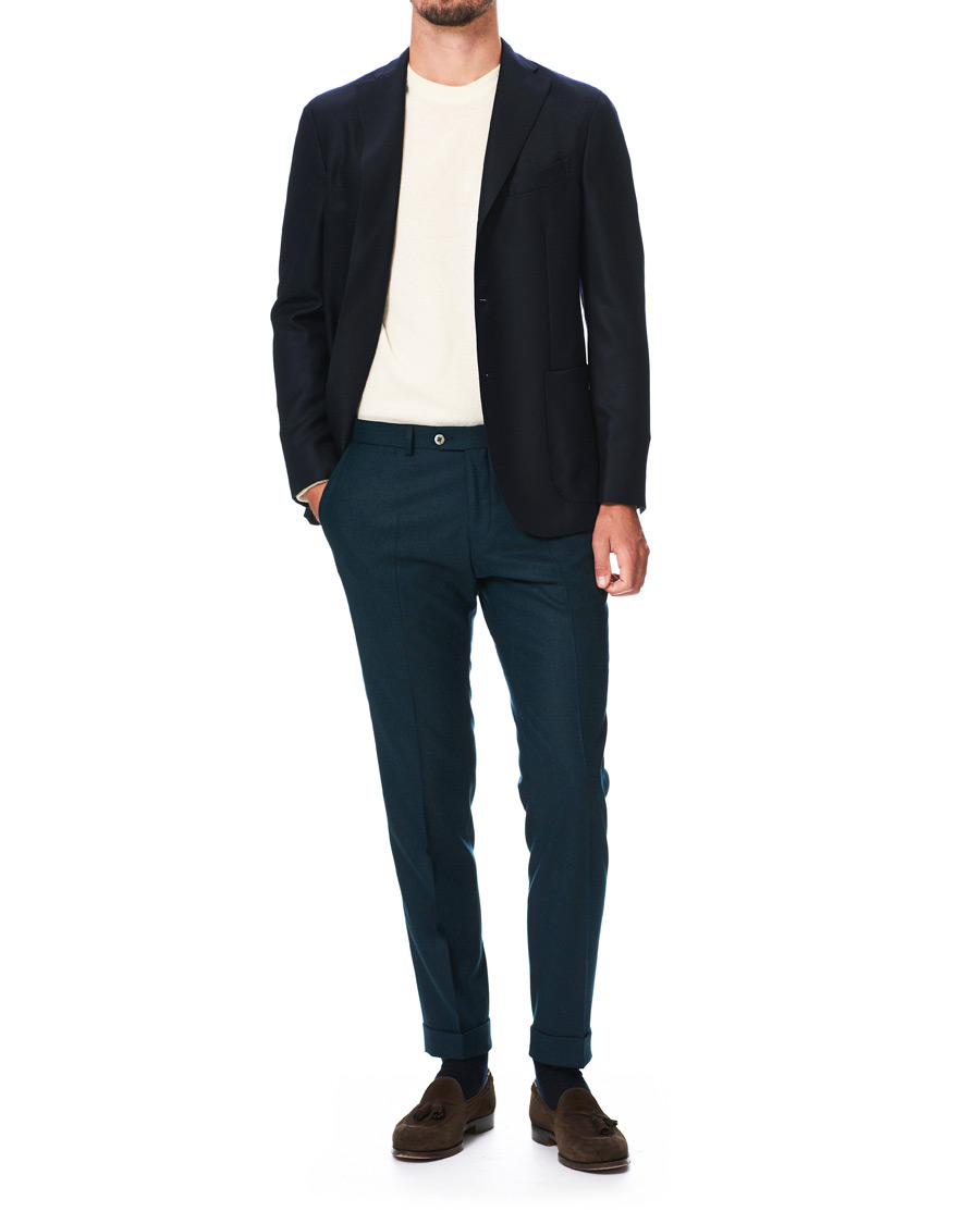 Herr | Byxor | Oscar Jacobson | Dean Turn Up Flannel Trousers Aqua Green