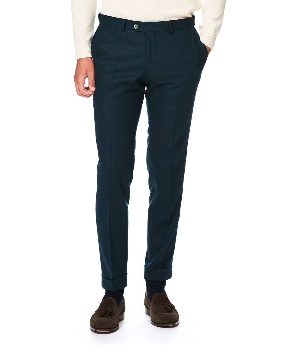 Herr | Byxor | Oscar Jacobson | Dean Turn Up Flannel Trousers Aqua Green