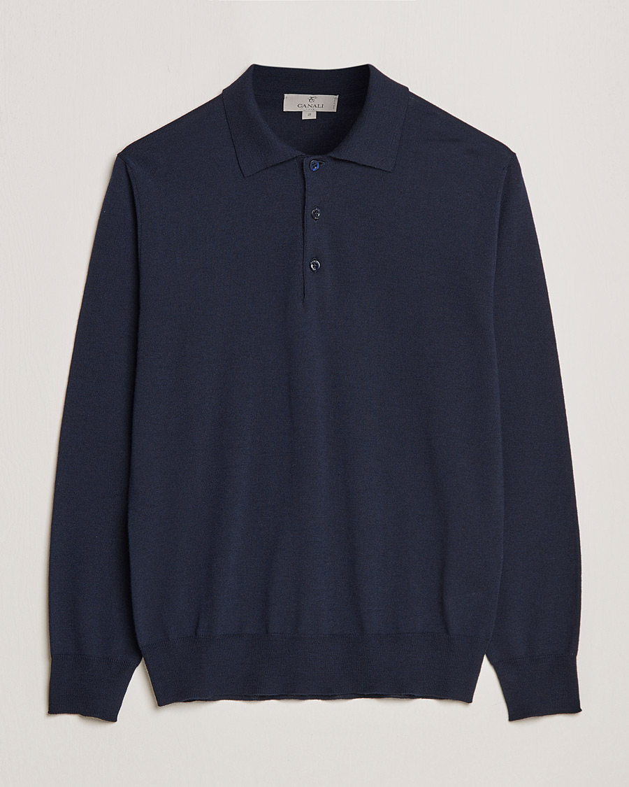 Herr | Tröjor | Canali | Merino Wool Knitted Polo Navy
