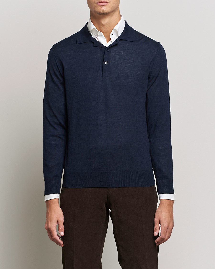 Herr | Tröjor | Canali | Merino Wool Knitted Polo Navy