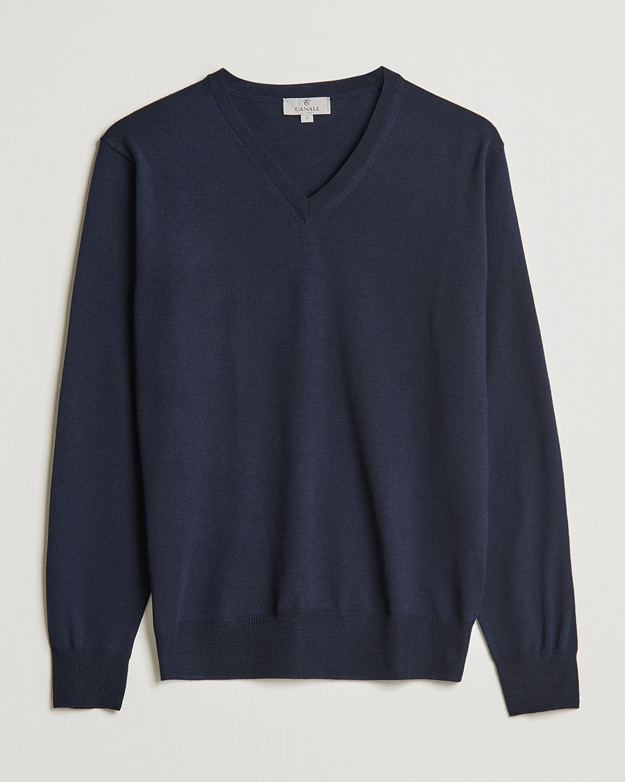 Herr | Tröjor | Canali | Merino Wool V-Neck Navy