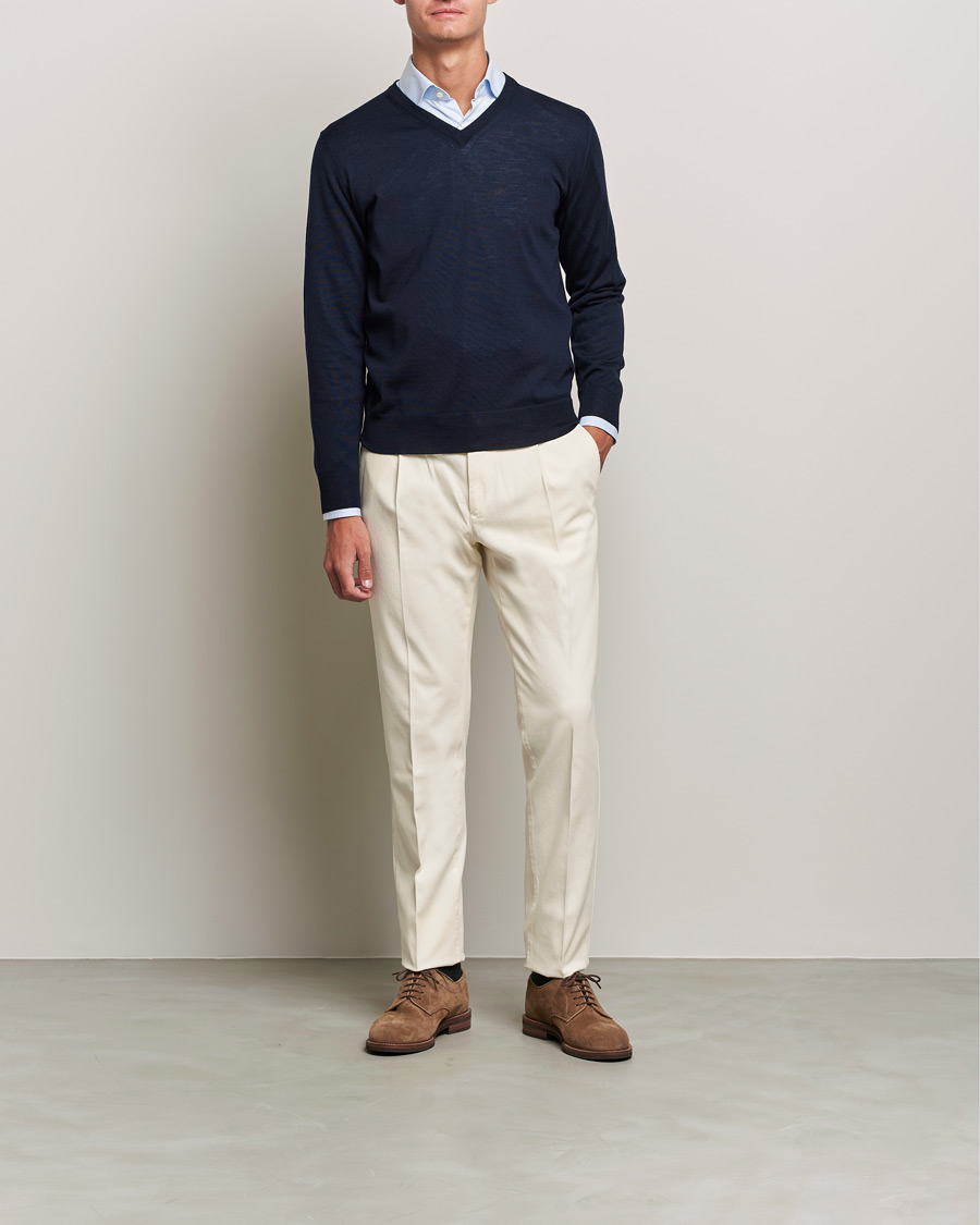Herr | Tröjor | Canali | Merino Wool V-Neck Navy