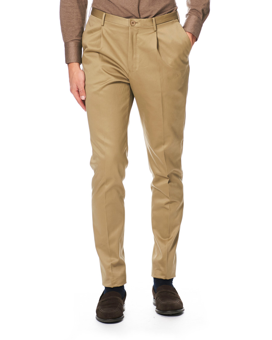 Herr | Byxor | Incotex | Slim Pleated Cotton Chinos Khaki