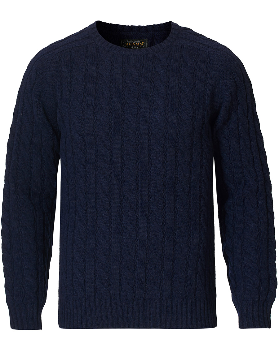Herr | Tröjor | BEAMS PLUS | Crew Neck Cable Sweater Navy