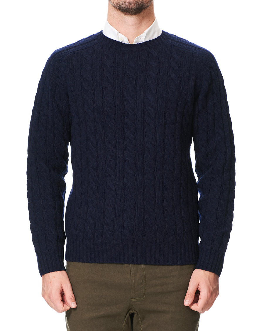 Herr | Tröjor | BEAMS PLUS | Crew Neck Cable Sweater Navy