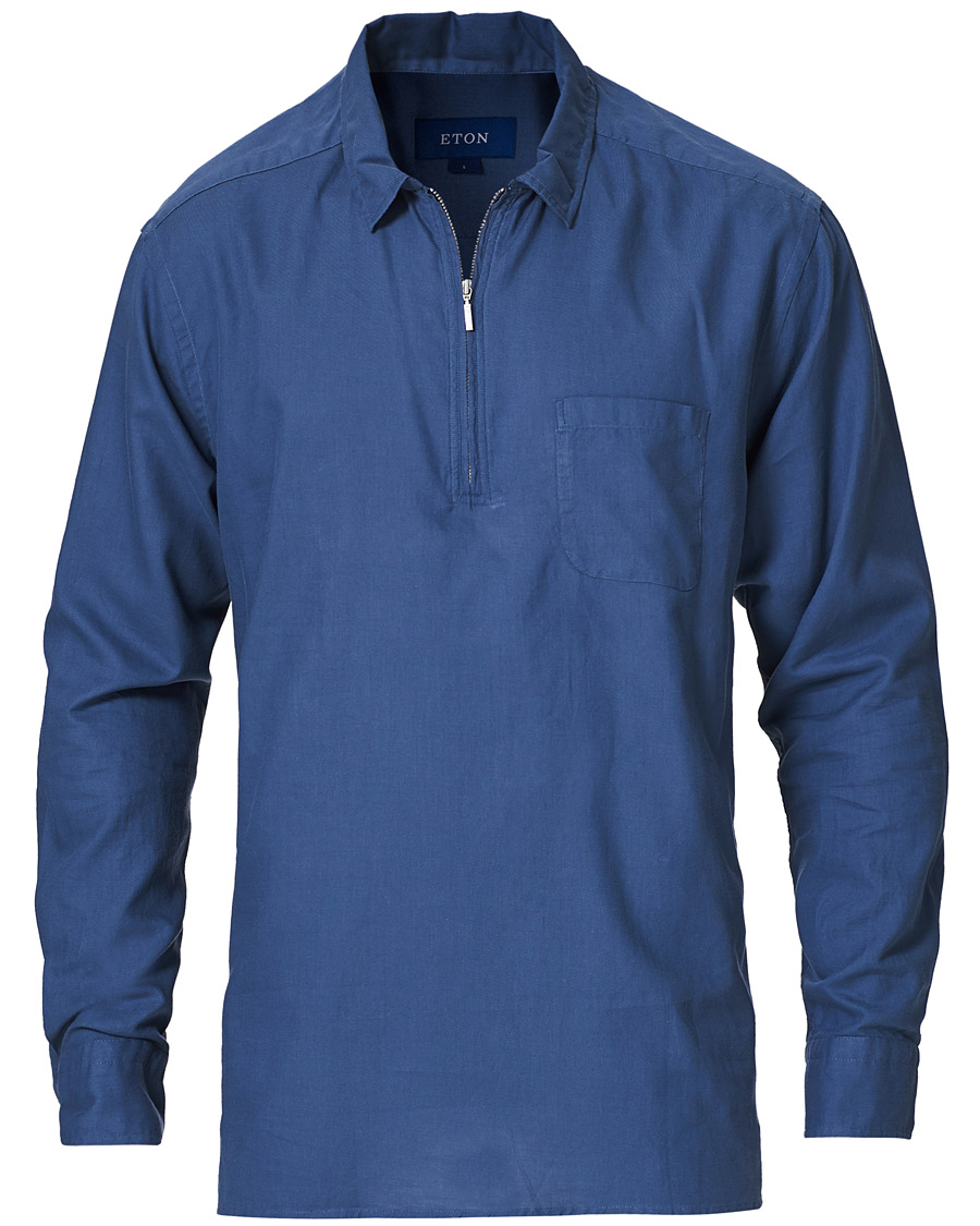 Herr | Skjortor | Eton | Slim Fit Cotton Half Zip Shirt Blue