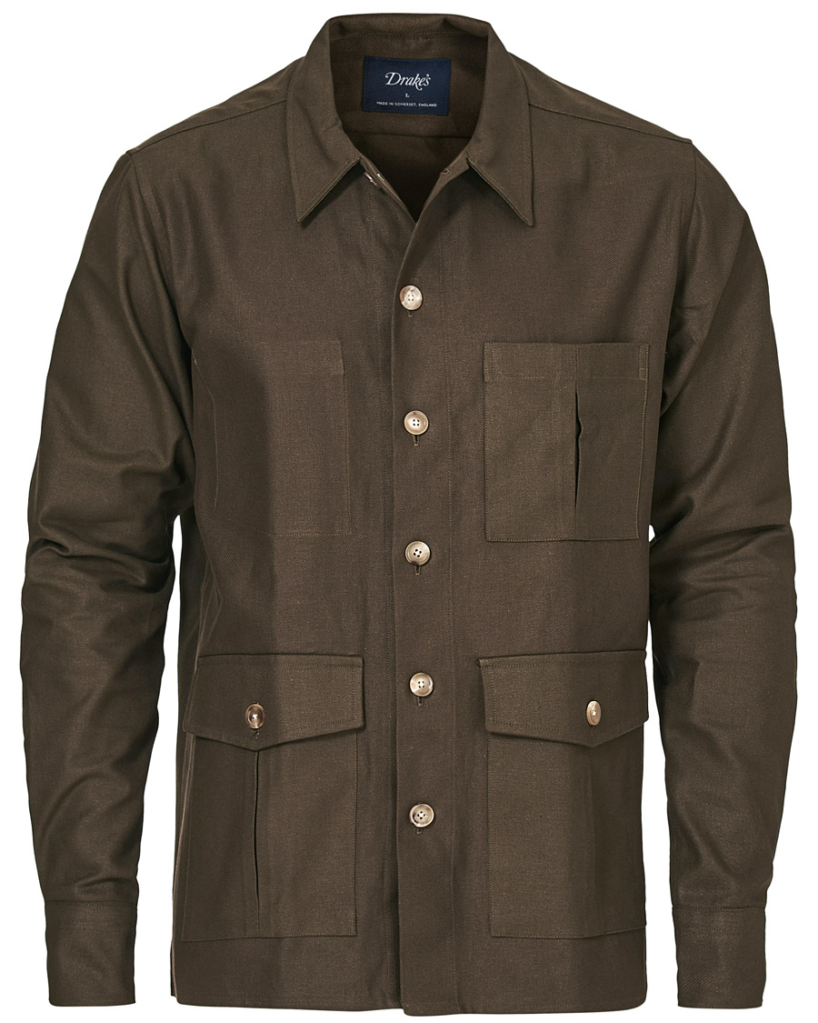 Herr | Skjortor | Drake's | Solid Twill Overshirt Olive