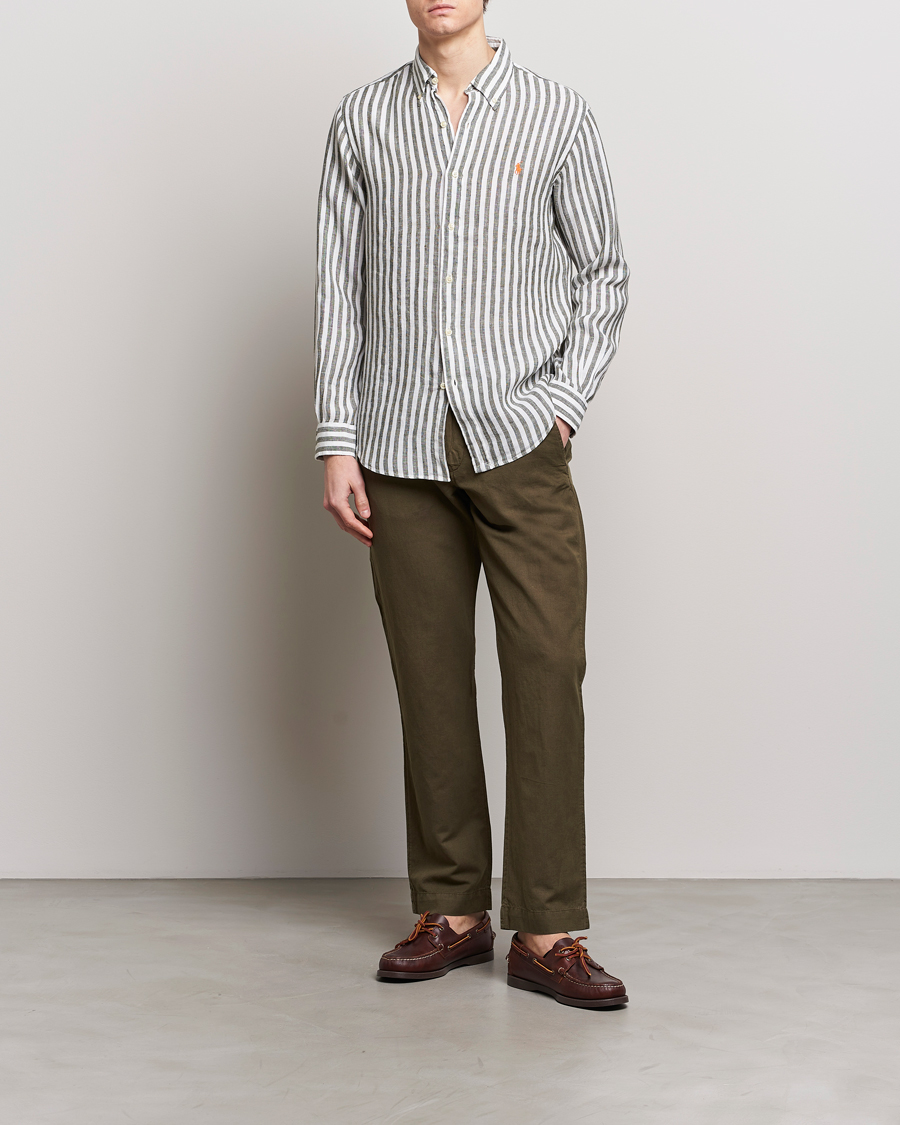 Herr | Skjortor | Polo Ralph Lauren | Custom Fit Striped Linen Shirt Olive/White