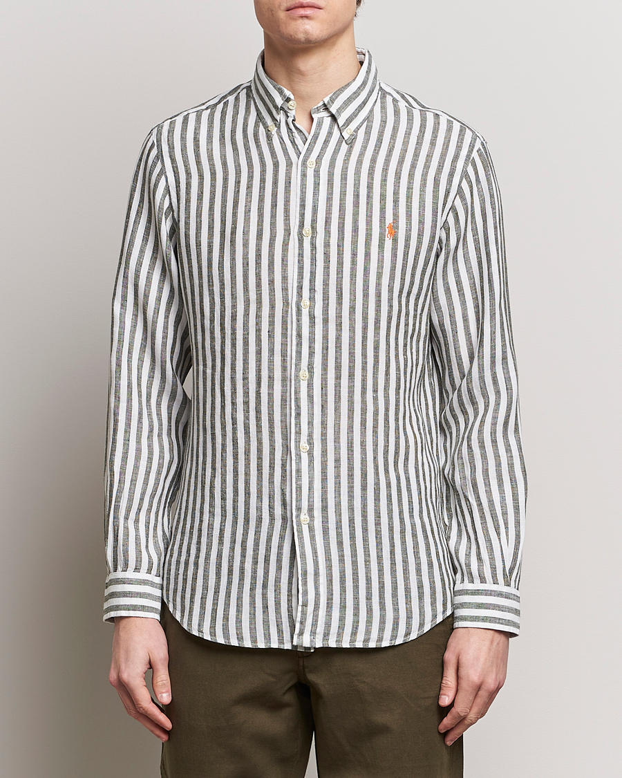 Herr |  | Polo Ralph Lauren | Custom Fit Striped Linen Shirt Olive/White