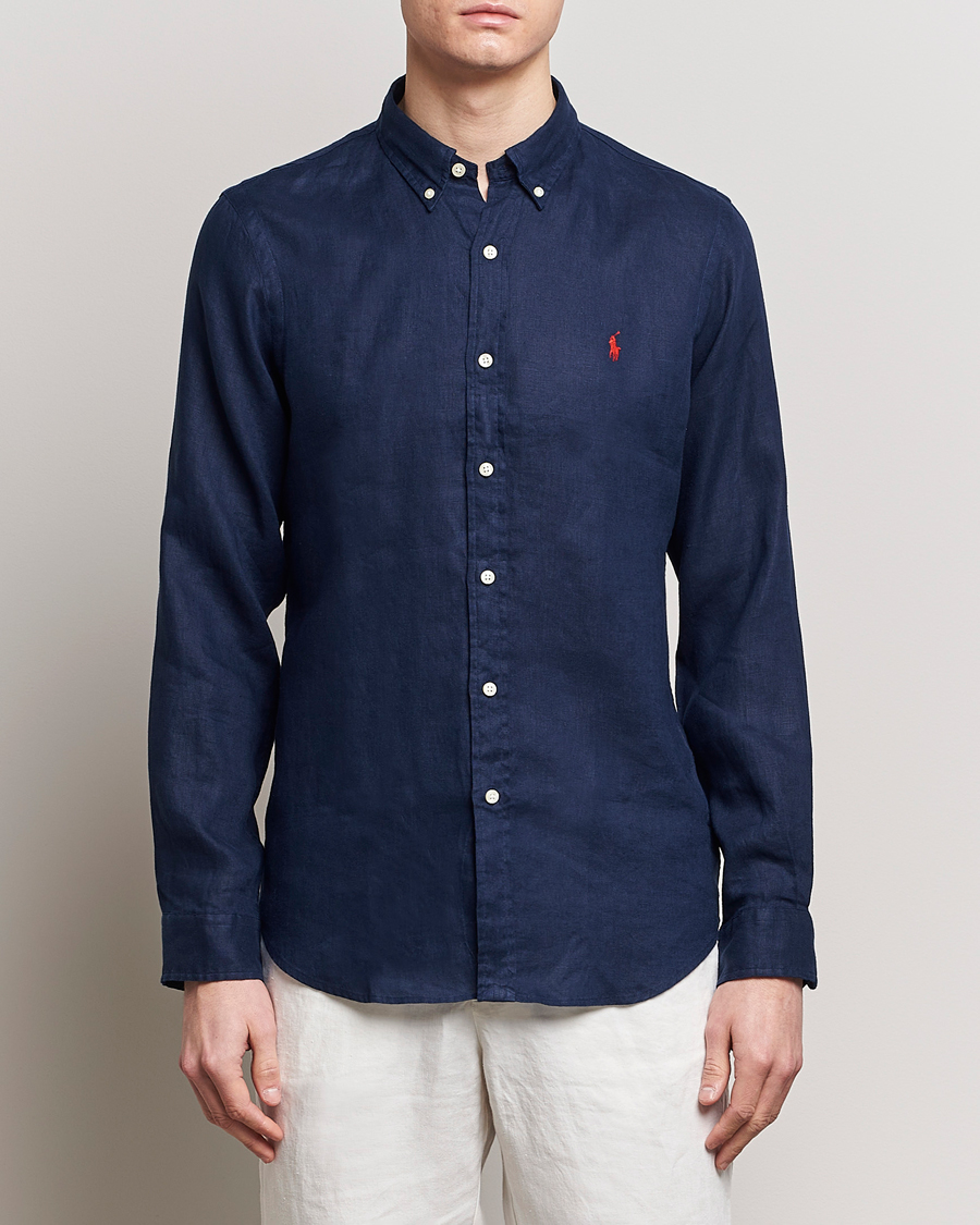 Herr | Linneavdelningen | Polo Ralph Lauren | Slim Fit Linen Button Down Shirt Newport Navy