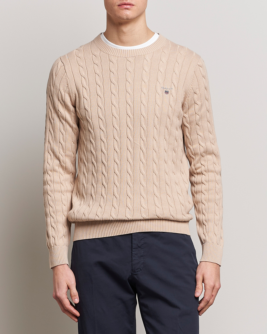 Herr | Stickade tröjor | GANT | Cotton Cable Crew Neck Dry Sand
