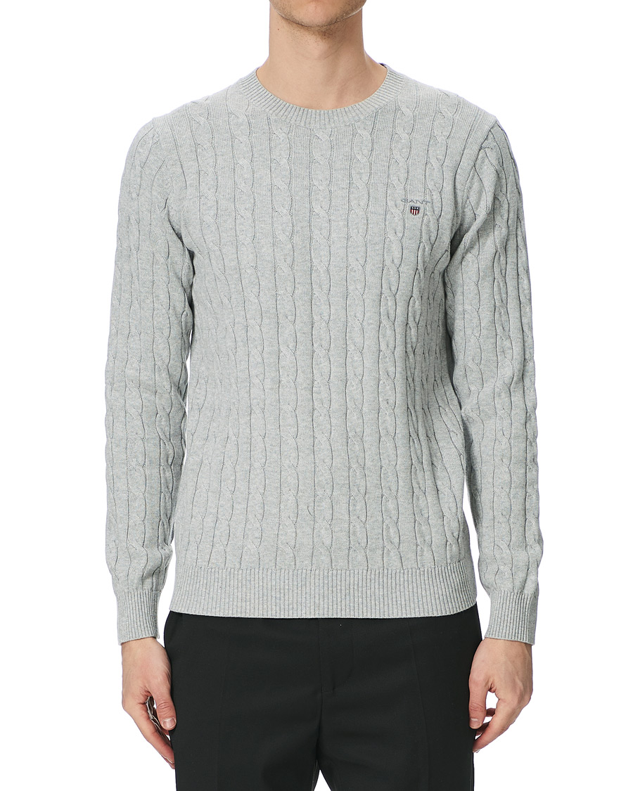 Herr | Tröjor | GANT | Cotton Cable Crew Neck Pullover Light Grey Melange