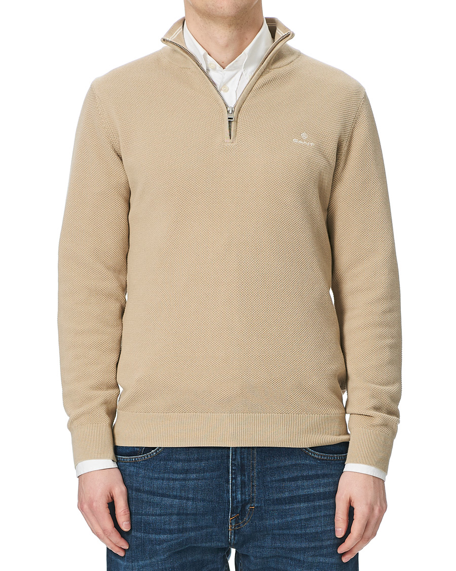 Herr | Tröjor | GANT | Cotton Pique Half-Zip Sweater Dry Sand