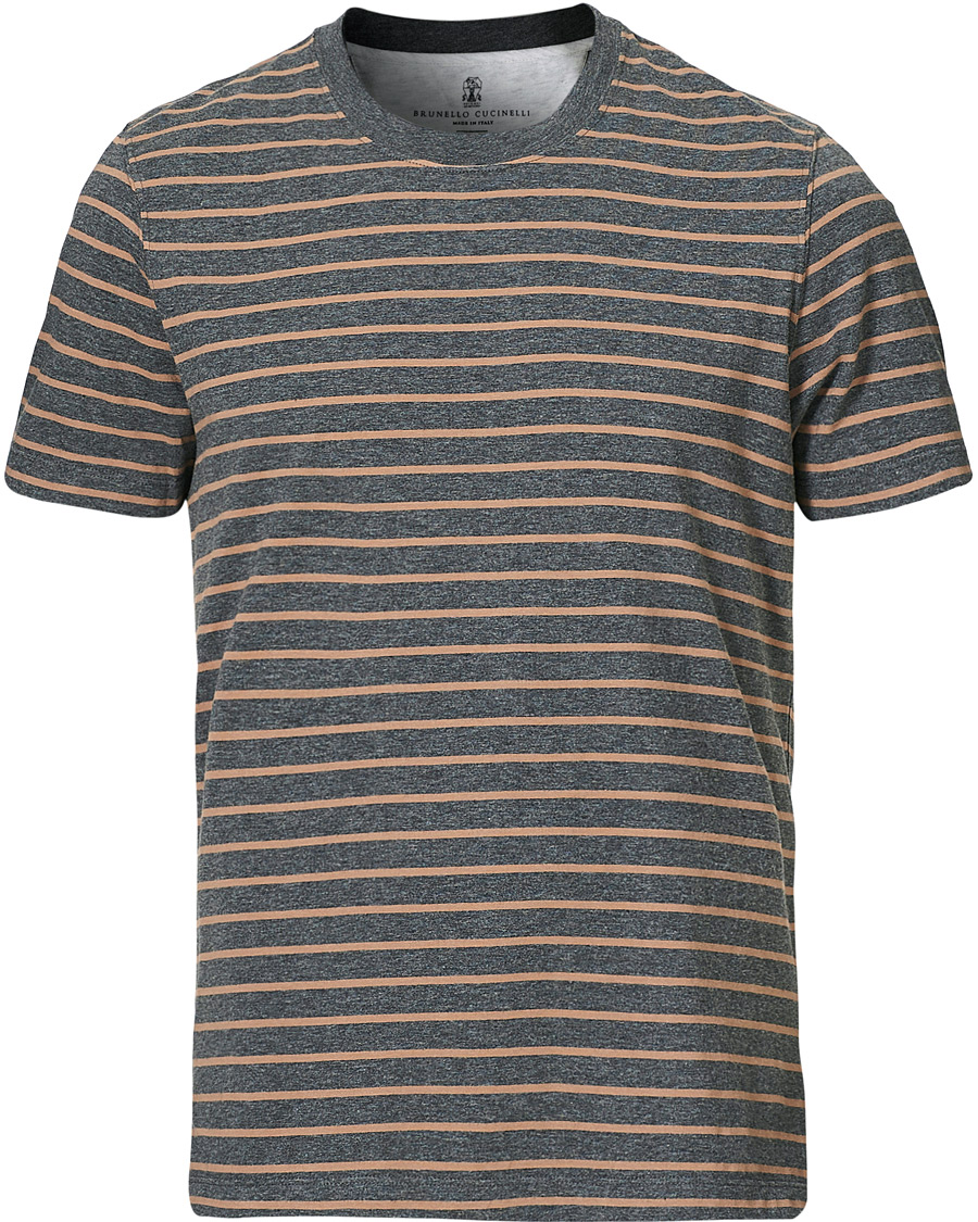 Herr | T-Shirts | Brunello Cucinelli | Breton Stripe Short Sleeve T-Shirt Grey/Brown