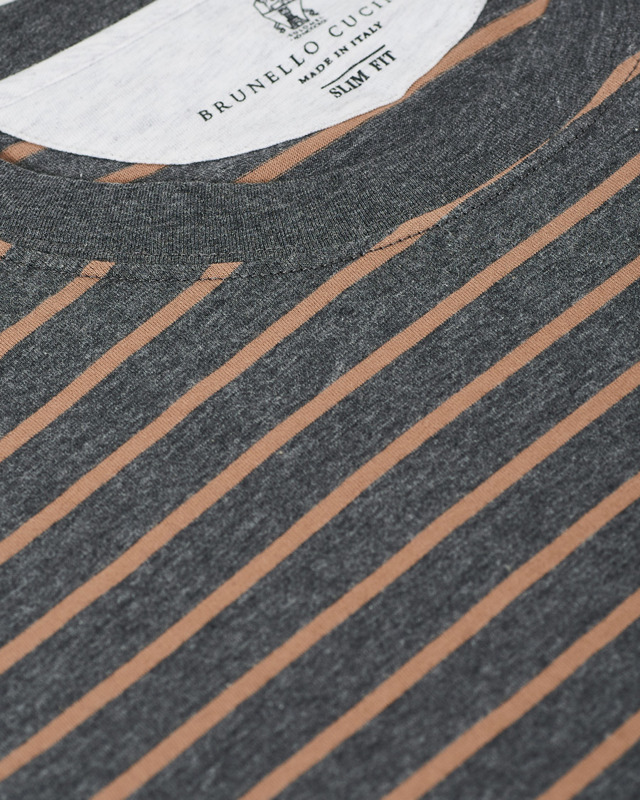 Herr | T-Shirts | Brunello Cucinelli | Breton Stripe Short Sleeve T-Shirt Grey/Brown