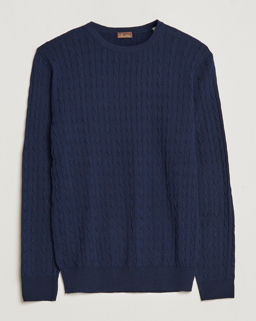 Herr | Tröjor | Stenströms | Merino Cable Crew Neck Navy