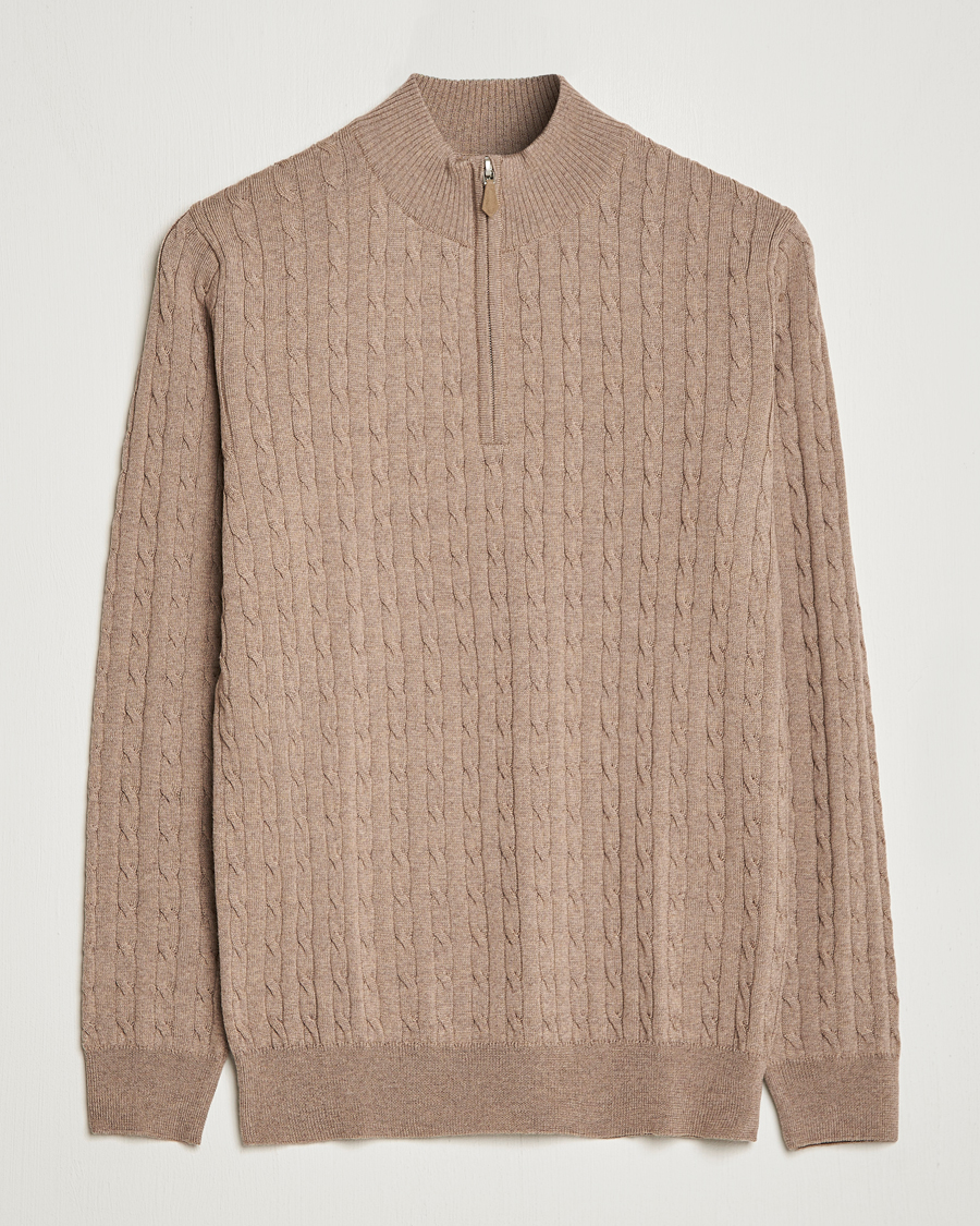 Herr | Tröjor | Stenströms | Merino Wool Cable Half Zip Camel
