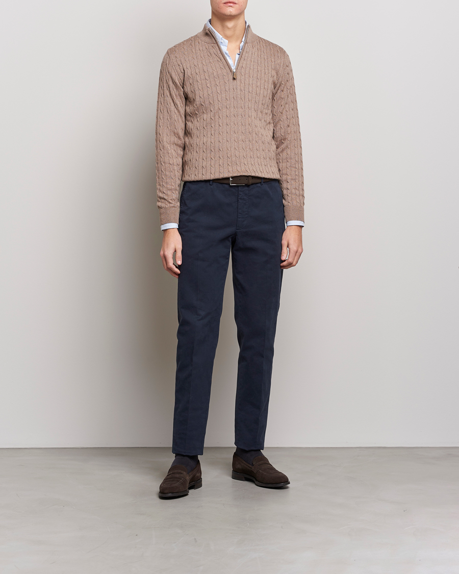 Herr | Tröjor | Stenströms | Merino Wool Cable Half Zip Camel