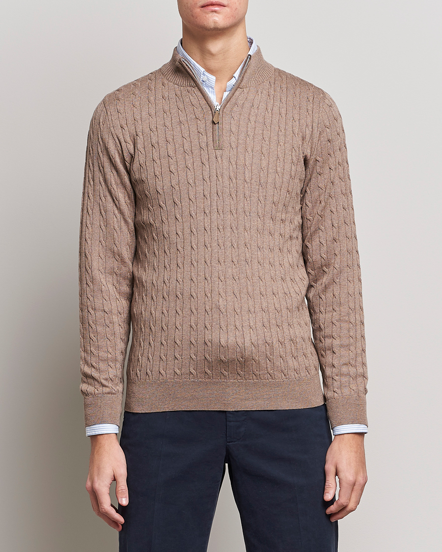 Herr | Tröjor | Stenströms | Merino Wool Cable Half Zip Camel