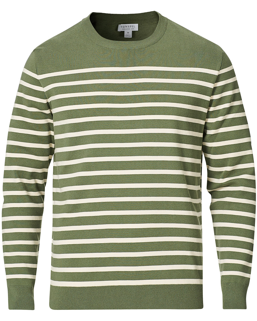 Herr | Tröjor | Sunspel | Breton Stripe Crew Neck Sweater Light Khaki/Ecru