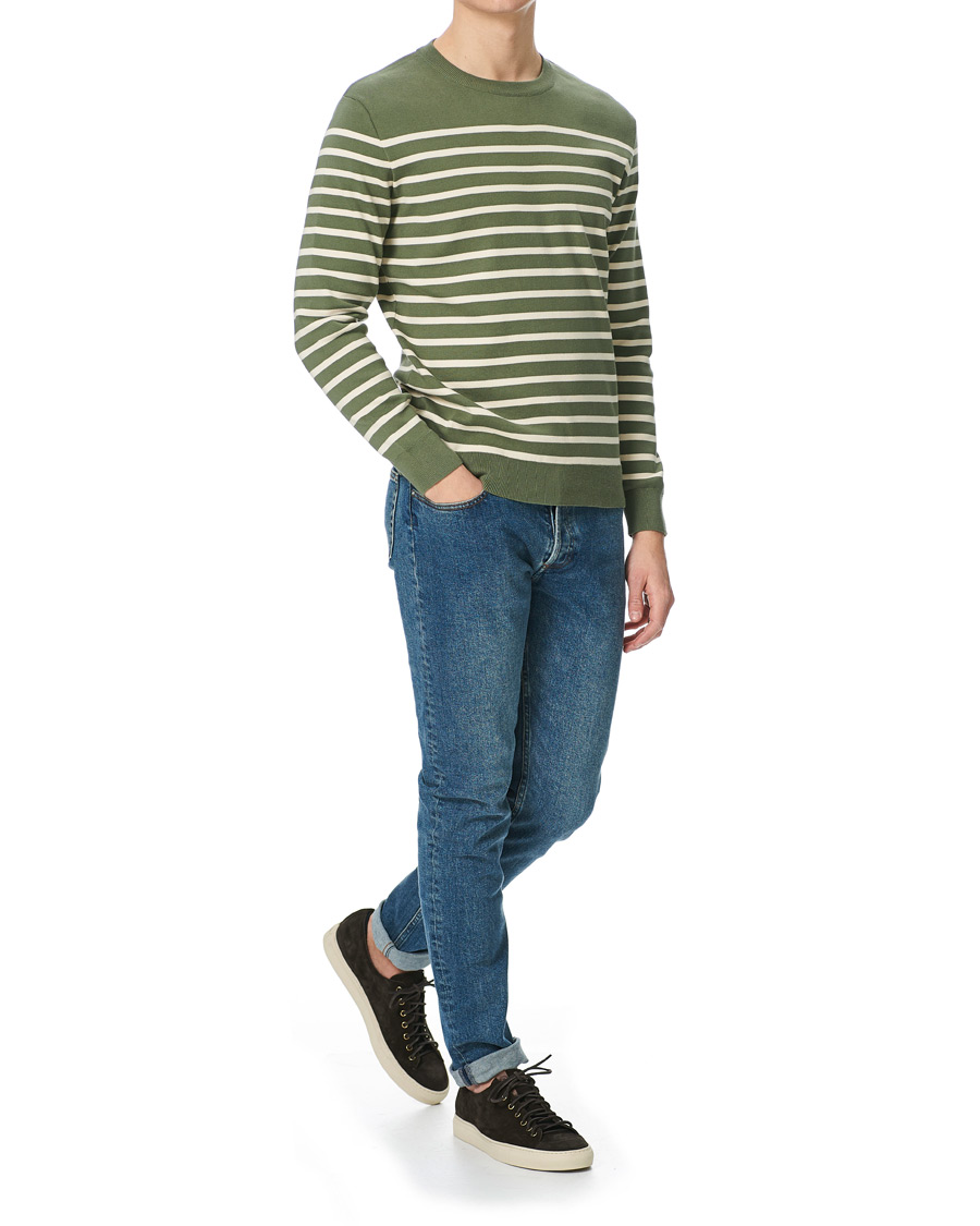 Herr | Tröjor | Sunspel | Breton Stripe Crew Neck Sweater Light Khaki/Ecru