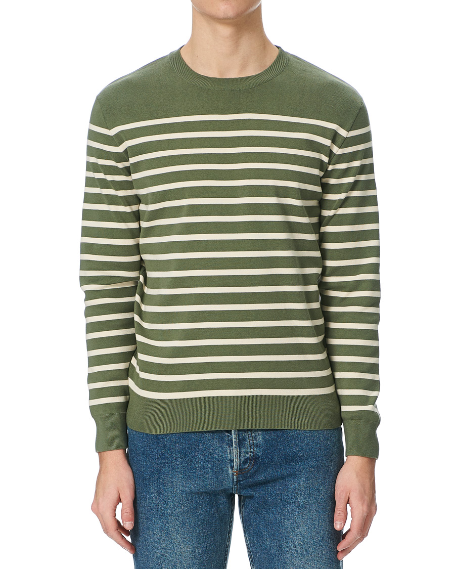 Herr | Tröjor | Sunspel | Breton Stripe Crew Neck Sweater Light Khaki/Ecru